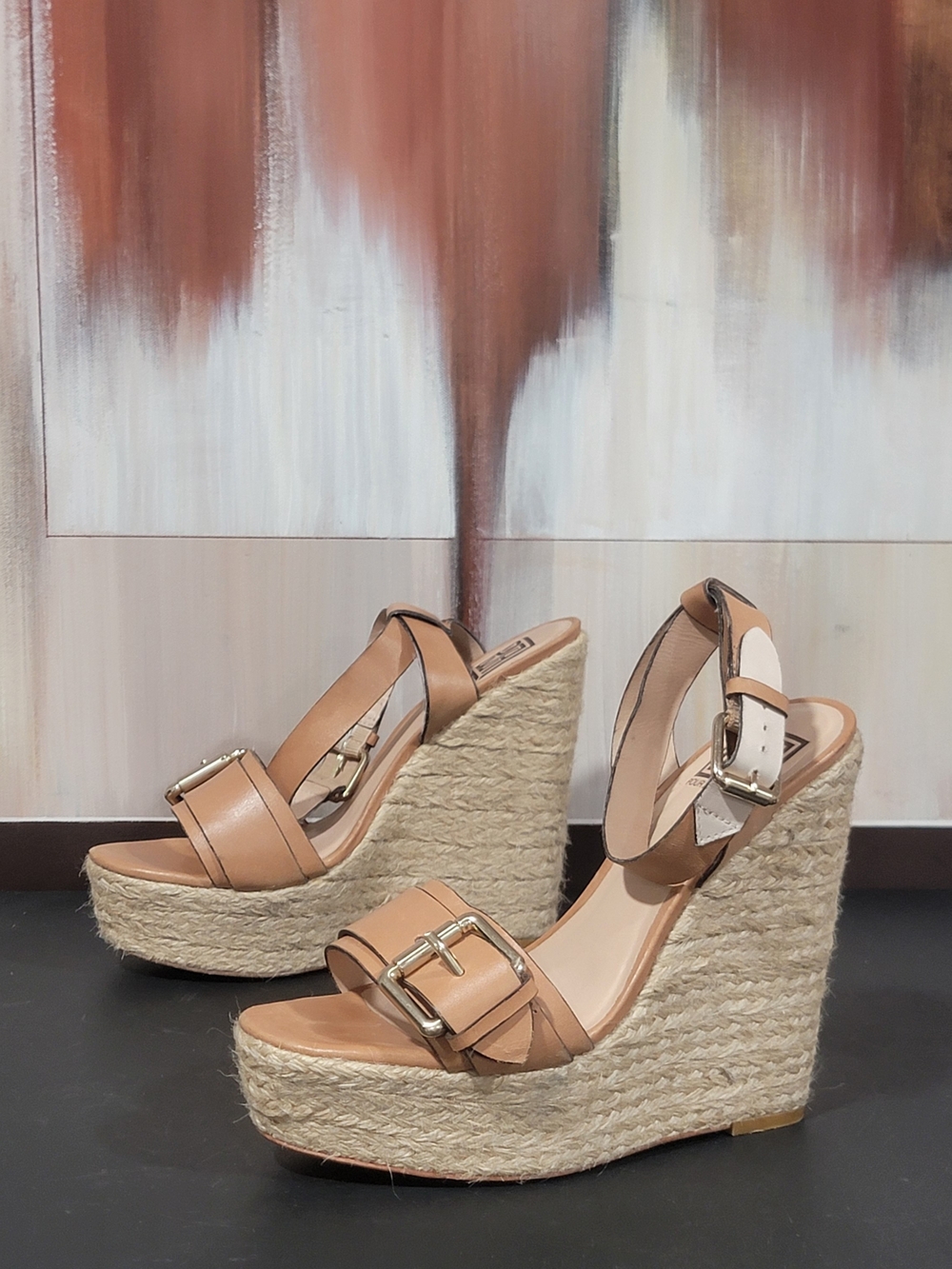 Pour La Victoire Tan Espadrille Wedge Sandals with Gold Buckles
